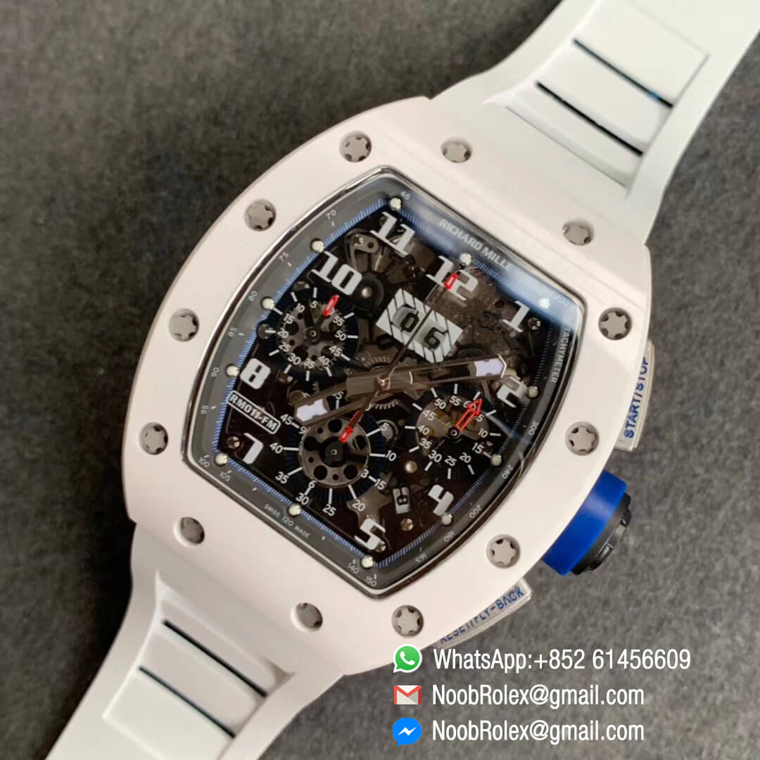 Swiss Watch Replica RM011 White Ceramic Case Chronograph KV Factory Edition Crystal Skeleton Dial Blue on White Rubber Strap A7750 09