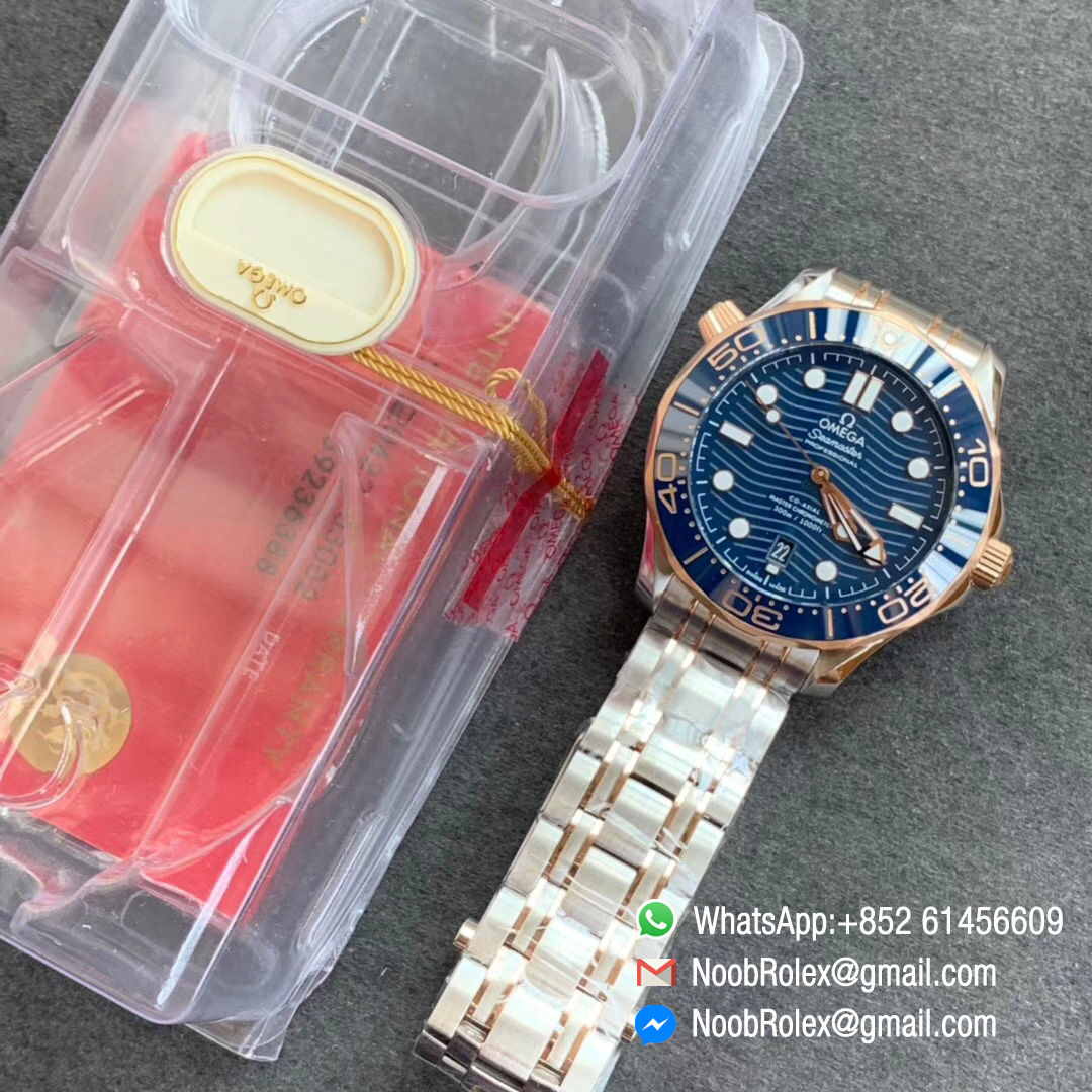 Swiss Watch Replica VS Factory Basel 2018 Seamaster Diver 300m Blue Dial Co Axial Rose Gold Case Bezel with Steel Rose Gold Bracelet A8800 09