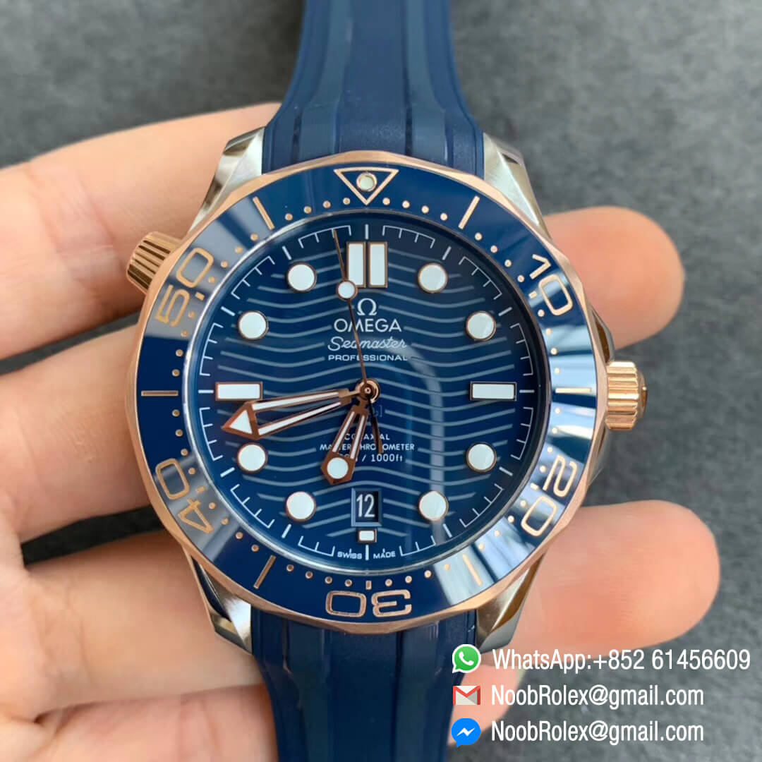 VS Factory Replica Swiss Watch 2018 Seamaster Diver 300M Steel Rose Gold Plated Rose Gold Bezel Blue Dial on Blue Rubber Strap A8800 01
