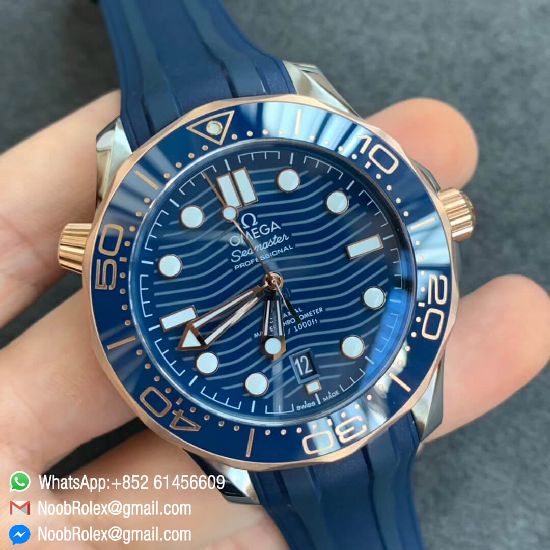 VS Factory Replica Swiss Watch 2018 Seamaster Diver 300M Steel Rose Gold Plated Rose Gold Bezel Blue Dial on Blue Rubber Strap A8800 02