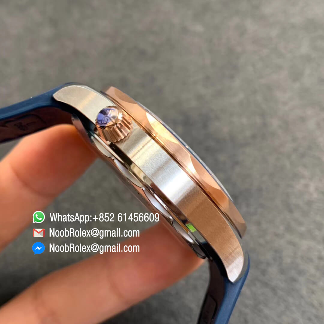 VS Factory Replica Swiss Watch 2018 Seamaster Diver 300M Steel Rose Gold Plated Rose Gold Bezel Blue Dial on Blue Rubber Strap A8800 05