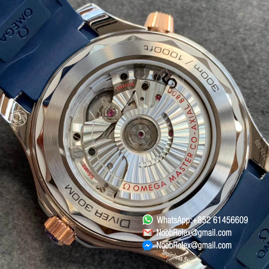 VS Factory Replica Swiss Watch 2018 Seamaster Diver 300M Steel Rose Gold Plated Rose Gold Bezel Blue Dial on Blue Rubber Strap A8800 08