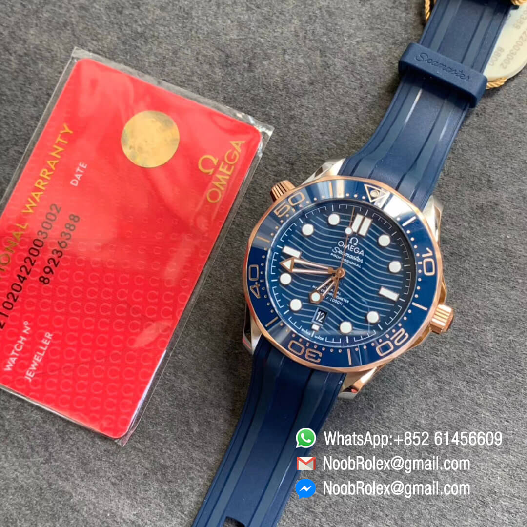 VS Factory Replica Swiss Watch 2018 Seamaster Diver 300M Steel Rose Gold Plated Rose Gold Bezel Blue Dial on Blue Rubber Strap A8800 09