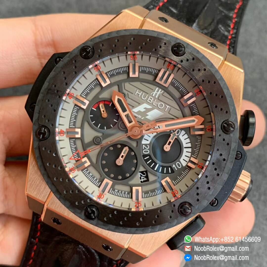 Big Bang Ferrari F1 Rose Gold Case Grey Dial Rose Gold Stick Markers Black Leather Strap HUB4100 V6F 5