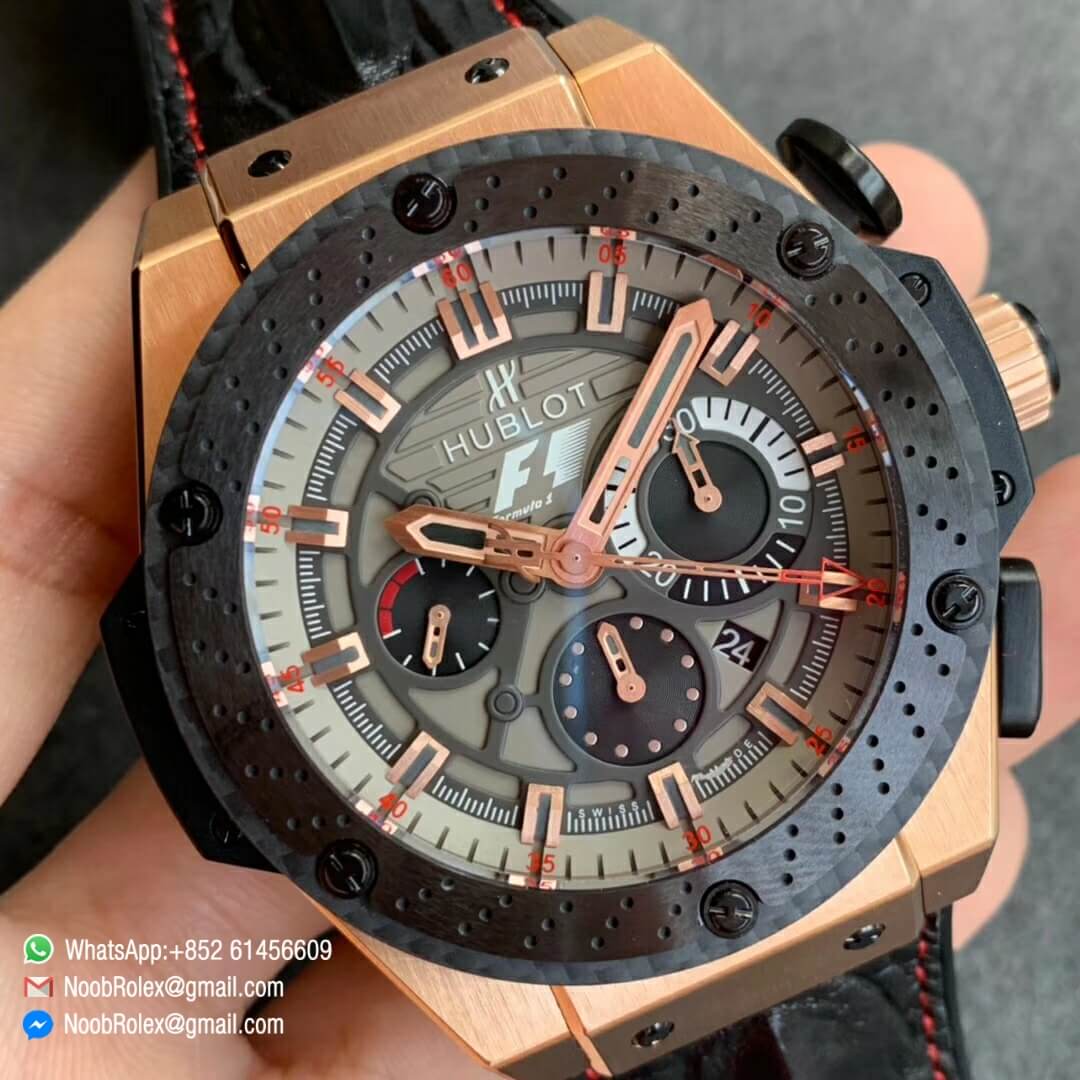 Big Bang Ferrari F1 Rose Gold Case Grey Dial Rose Gold Stick Markers Black Leather Strap HUB4100 V6F 6