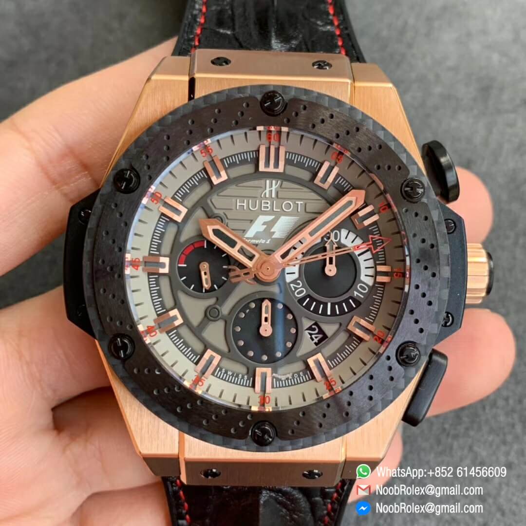Big Bang Ferrari F1 Rose Gold Case Grey Dial Rose Gold Stick Markers Black Leather Strap HUB4100 V6F 7