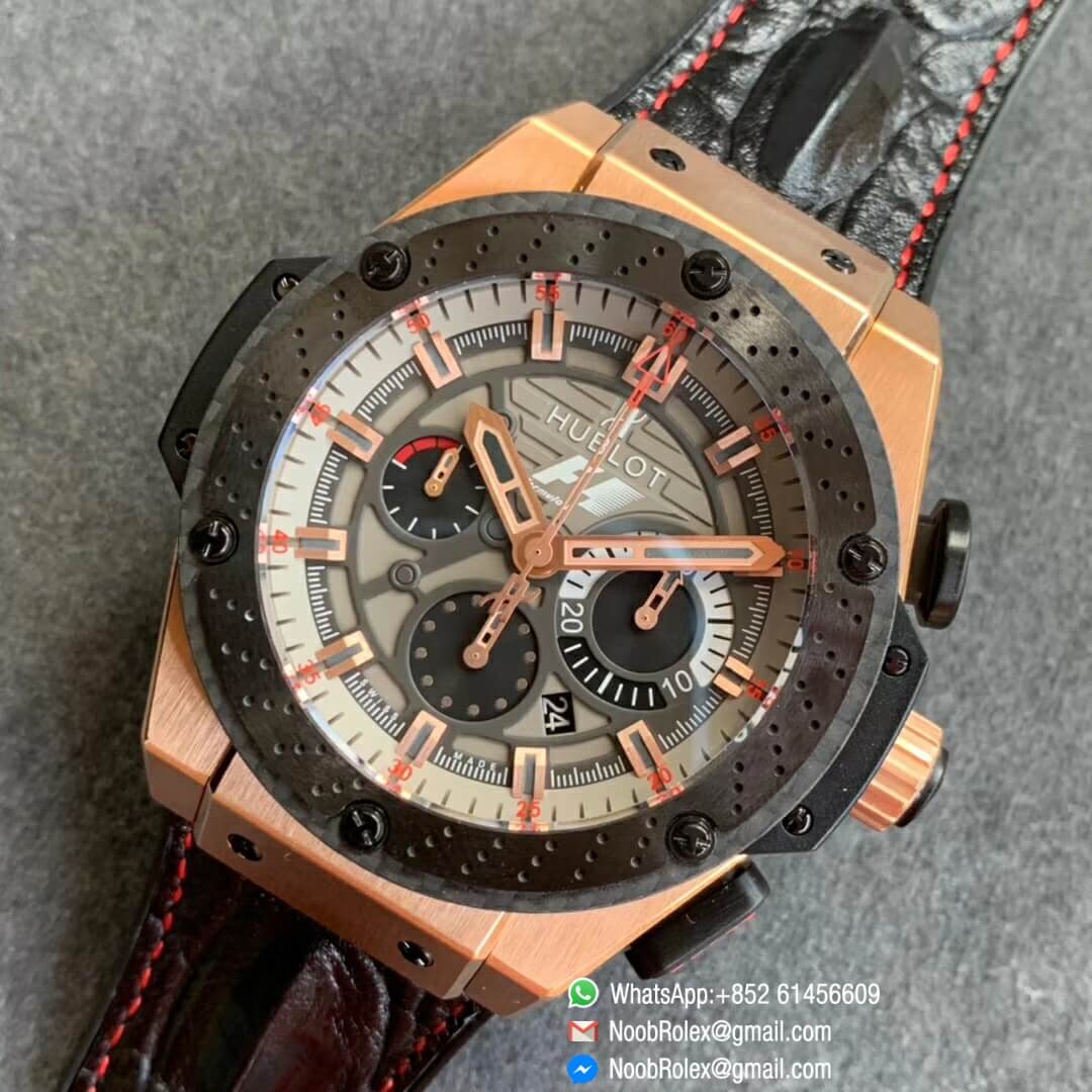 Big Bang Ferrari F1 Rose Gold Case Grey Dial Rose Gold Stick Markers Black Leather Strap HUB4100 V6F 8