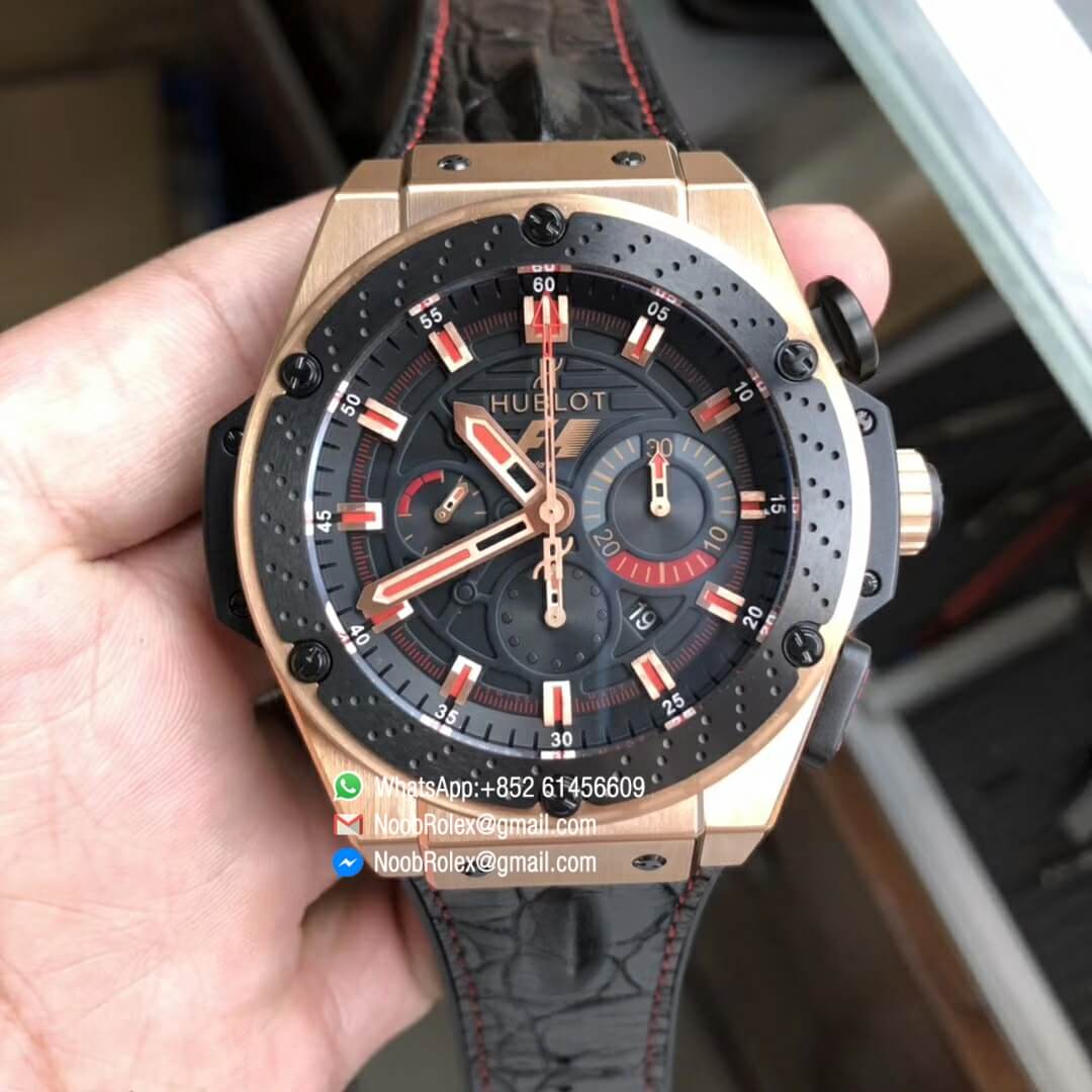 Big Bang Ferrari F1 Rose Gold Case V6F Top Clone Black Dial on Black Leather Strap HUB4100 1