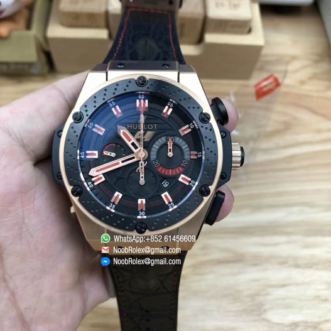 Big Bang Ferrari F1 Rose Gold Case V6F Top Clone Black Dial on Black Leather Strap HUB4100 2