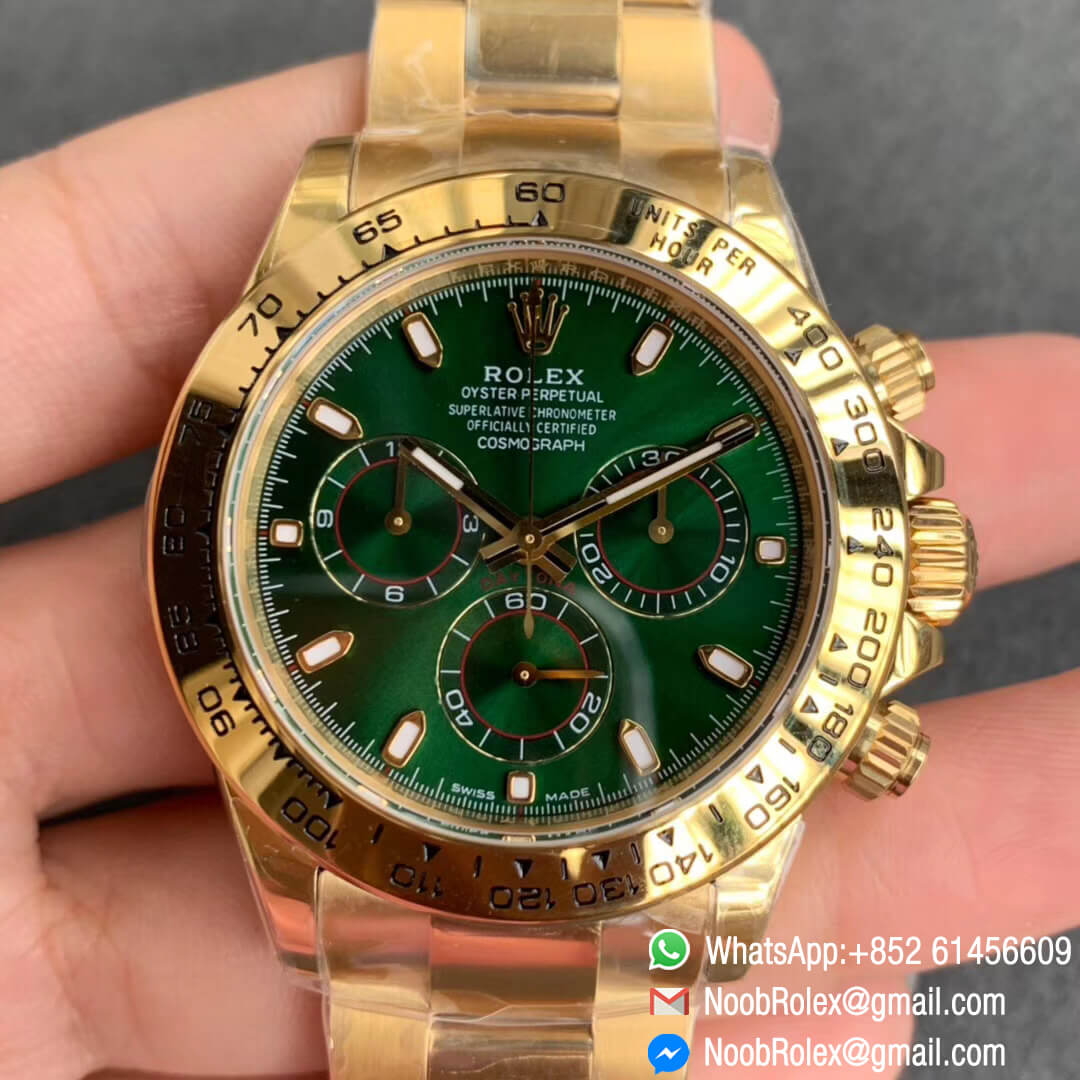 Swiss Watch Clone Noob Factory Watch Daytona 116508 Plated 18K Yellow Gold 904L Steel Case and Bracelet Green Dial SA4130 V3 01