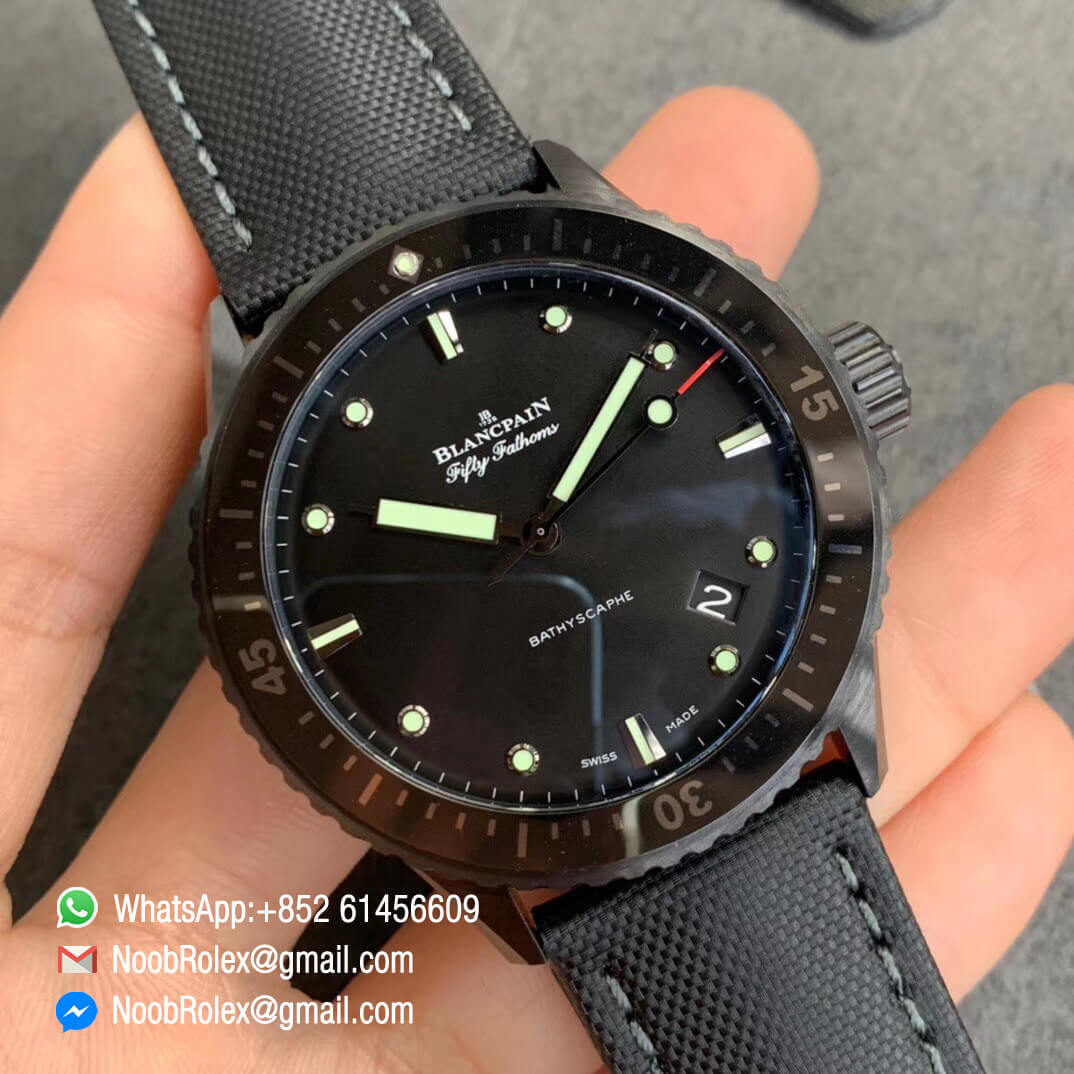 Blancpain Fifty Fathoms Bathyscaphe Black Ceramic Case ZF Best Edition Black Dial on Black Sail Canvas Strap A1315 02