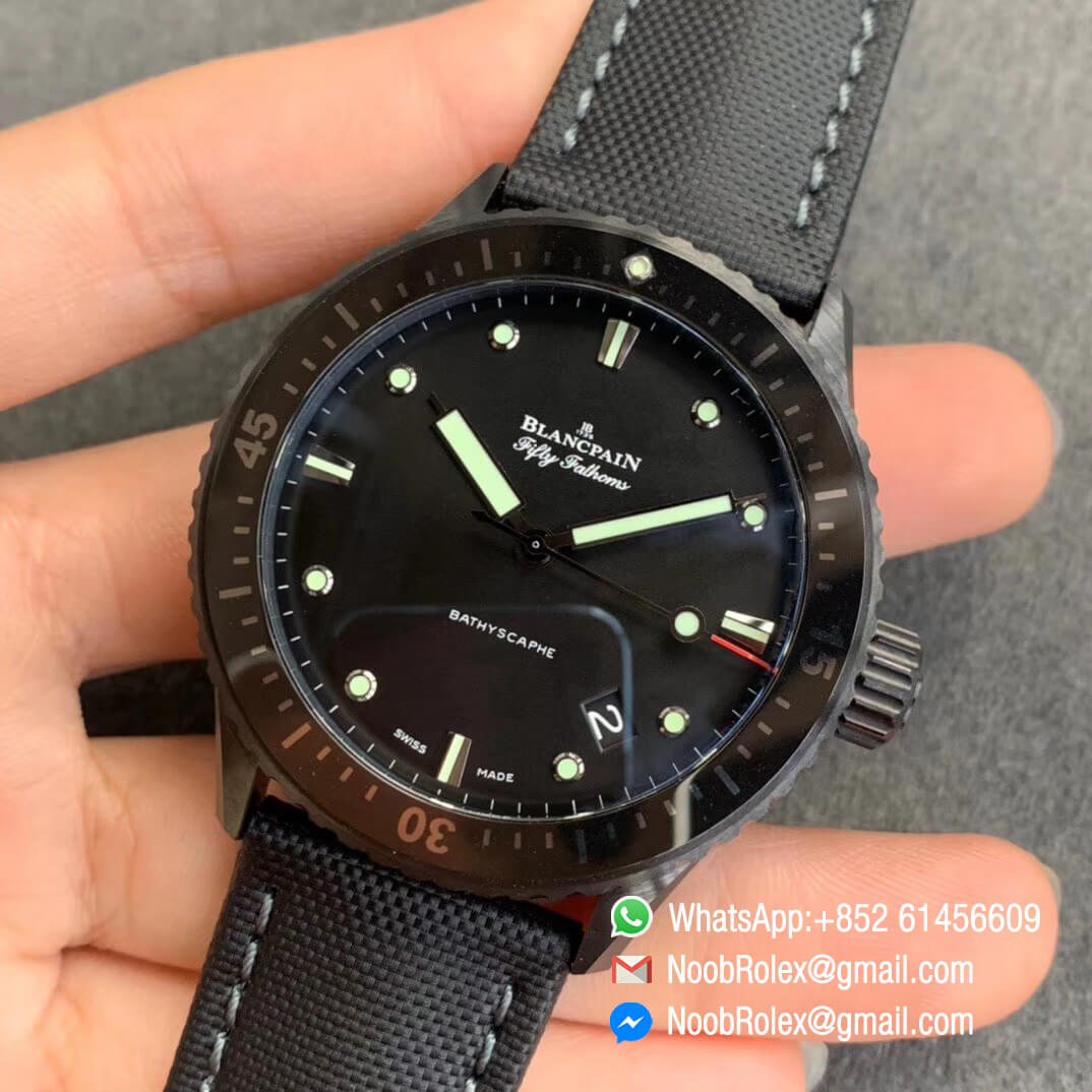 Blancpain Fifty Fathoms Bathyscaphe Black Ceramic Case ZF Best Edition Black Dial on Black Sail Canvas Strap A1315 03
