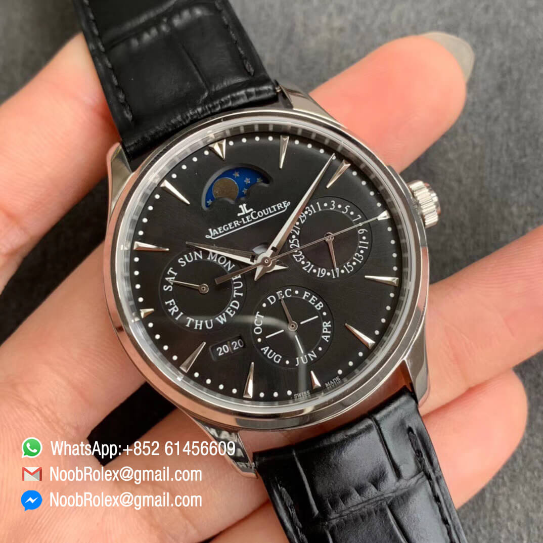 Master Ultra Thin Perpetual Calendar 130842J V9F Top Replica Full Function Same as Gen Steel Case Black Dial on Black Leather Strap A868 02