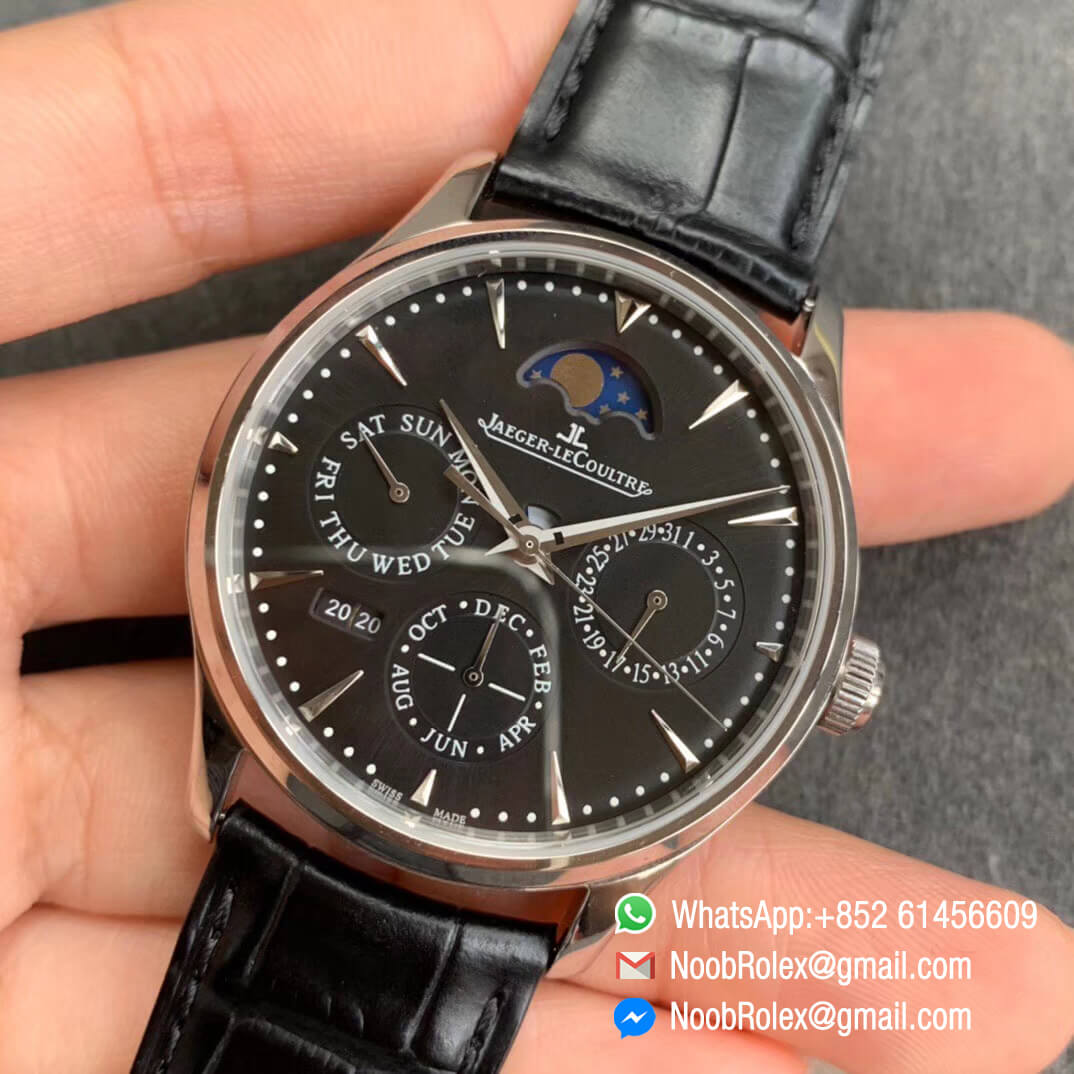 Master Ultra Thin Perpetual Calendar 130842J V9F Top Replica Full Function Same as Gen Steel Case Black Dial on Black Leather Strap A868 03