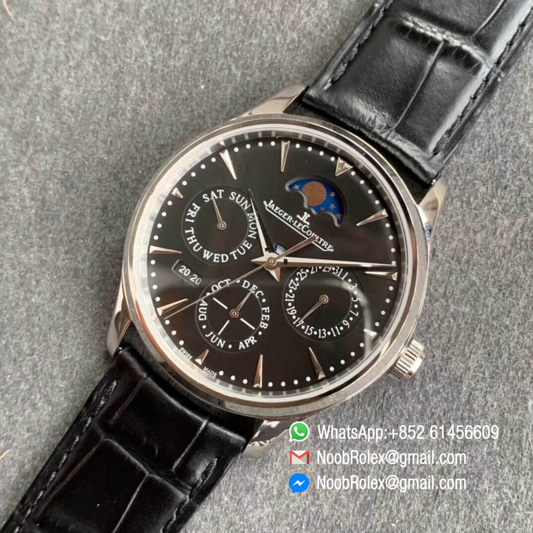 Master Ultra Thin Perpetual Calendar 130842J V9F Top Replica Full Function Same as Gen Steel Case Black Dial on Black Leather Strap A868 09