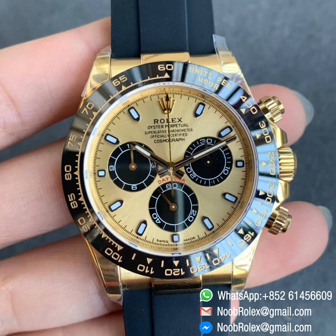 Noob Watch SA4130 V3 Daytona 116518 Plated Yellow Gold 904L Steel Case and Dial with Black Sub Dial on Black Rubber Strap 01
