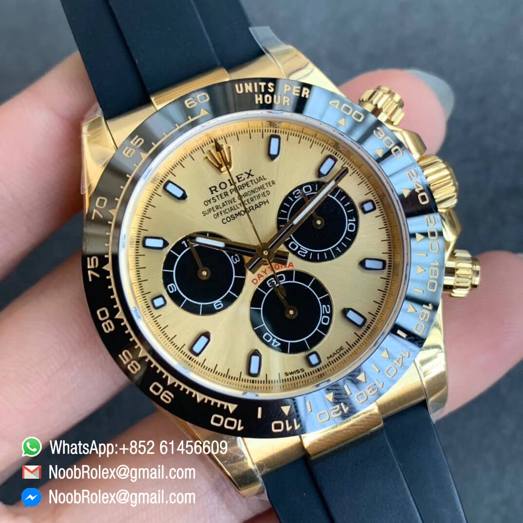 Noob Watch SA4130 V3 Daytona 116518 Plated Yellow Gold 904L Steel Case and Dial with Black Sub Dial on Black Rubber Strap 02
