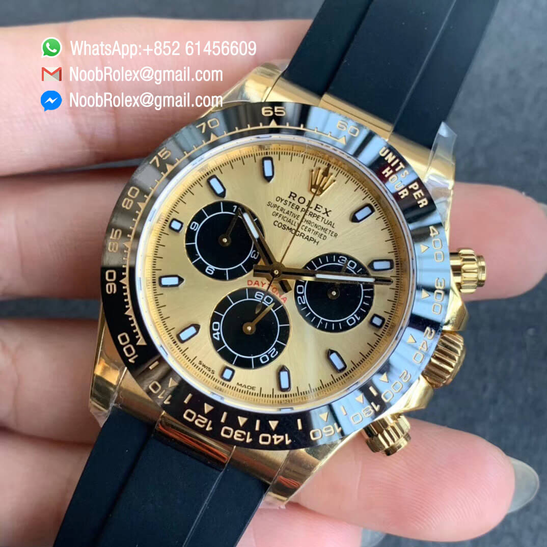 Noob Watch SA4130 V3 Daytona 116518 Plated Yellow Gold 904L Steel Case and Dial with Black Sub Dial on Black Rubber Strap 03