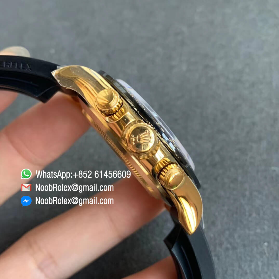 Noob Watch SA4130 V3 Daytona 116518 Plated Yellow Gold 904L Steel Case and Dial with Black Sub Dial on Black Rubber Strap 04