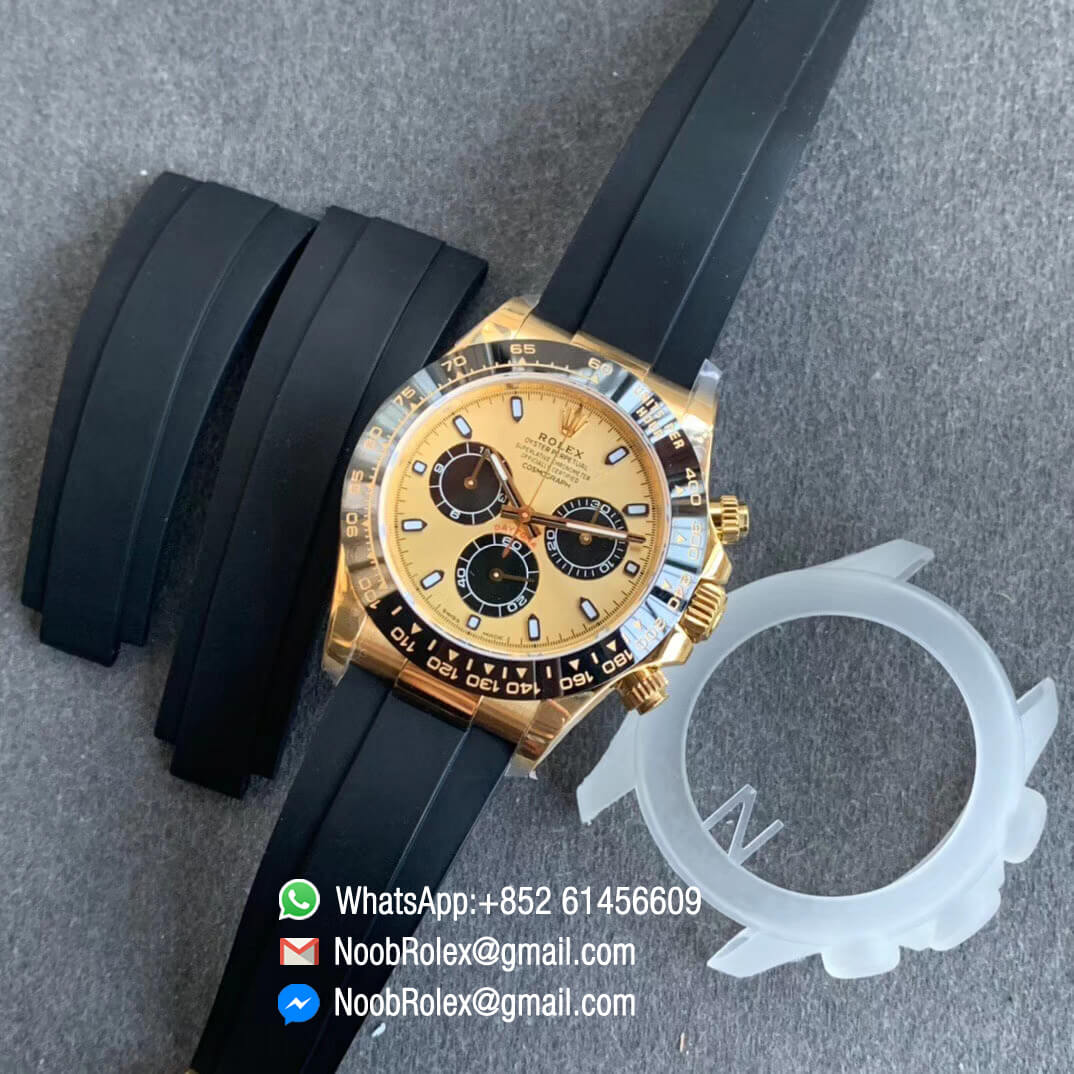 Noob Watch SA4130 V3 Daytona 116518 Plated Yellow Gold 904L Steel Case and Dial with Black Sub Dial on Black Rubber Strap 09