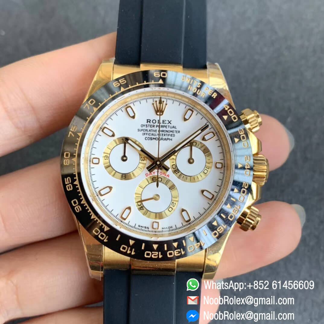Noob Watch SA4130 V3 Daytona 116518 Yellow Gold Plated 904L Steel Case White Dial on Black Rubber Strap 01