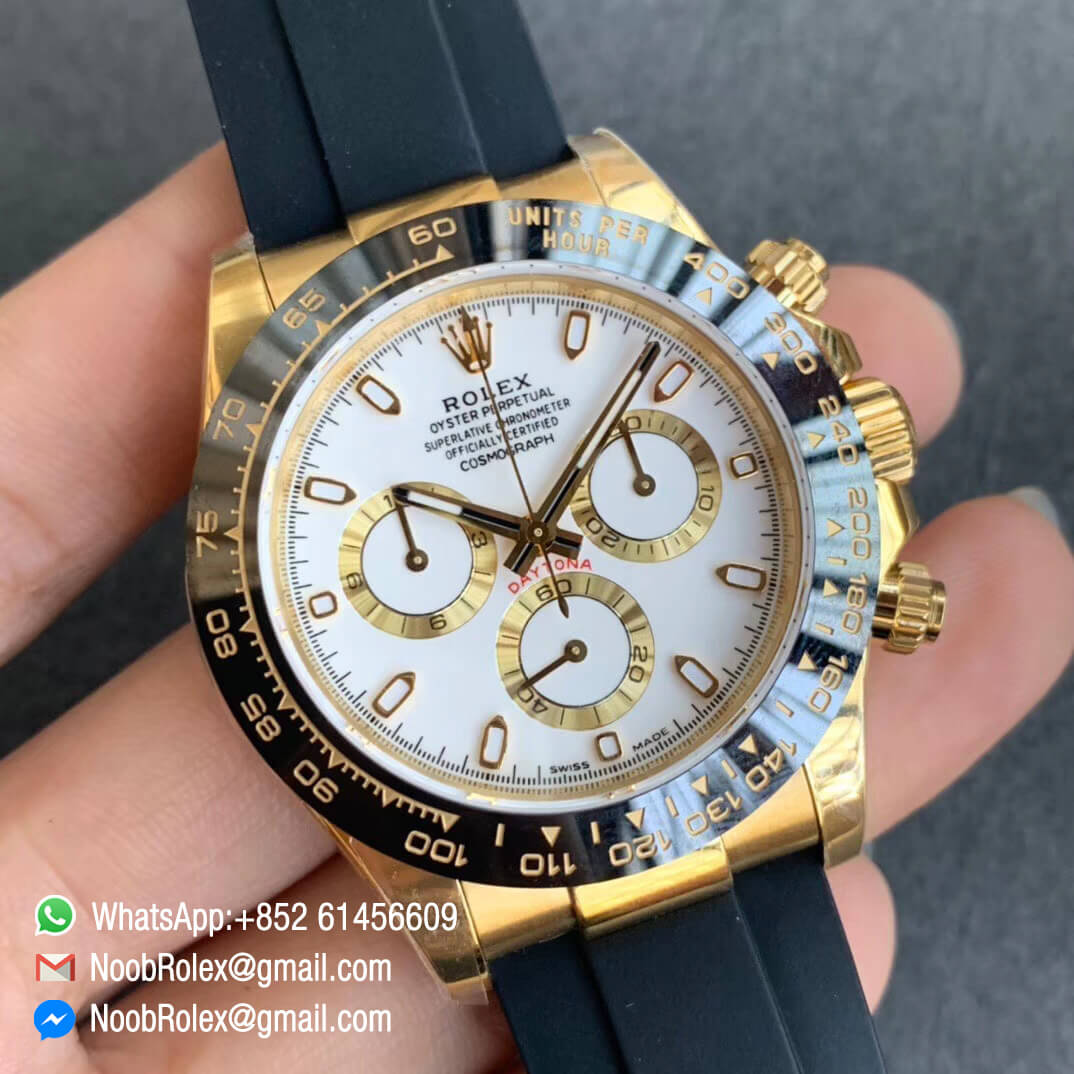 Noob Watch SA4130 V3 Daytona 116518 Yellow Gold Plated 904L Steel Case White Dial on Black Rubber Strap 02
