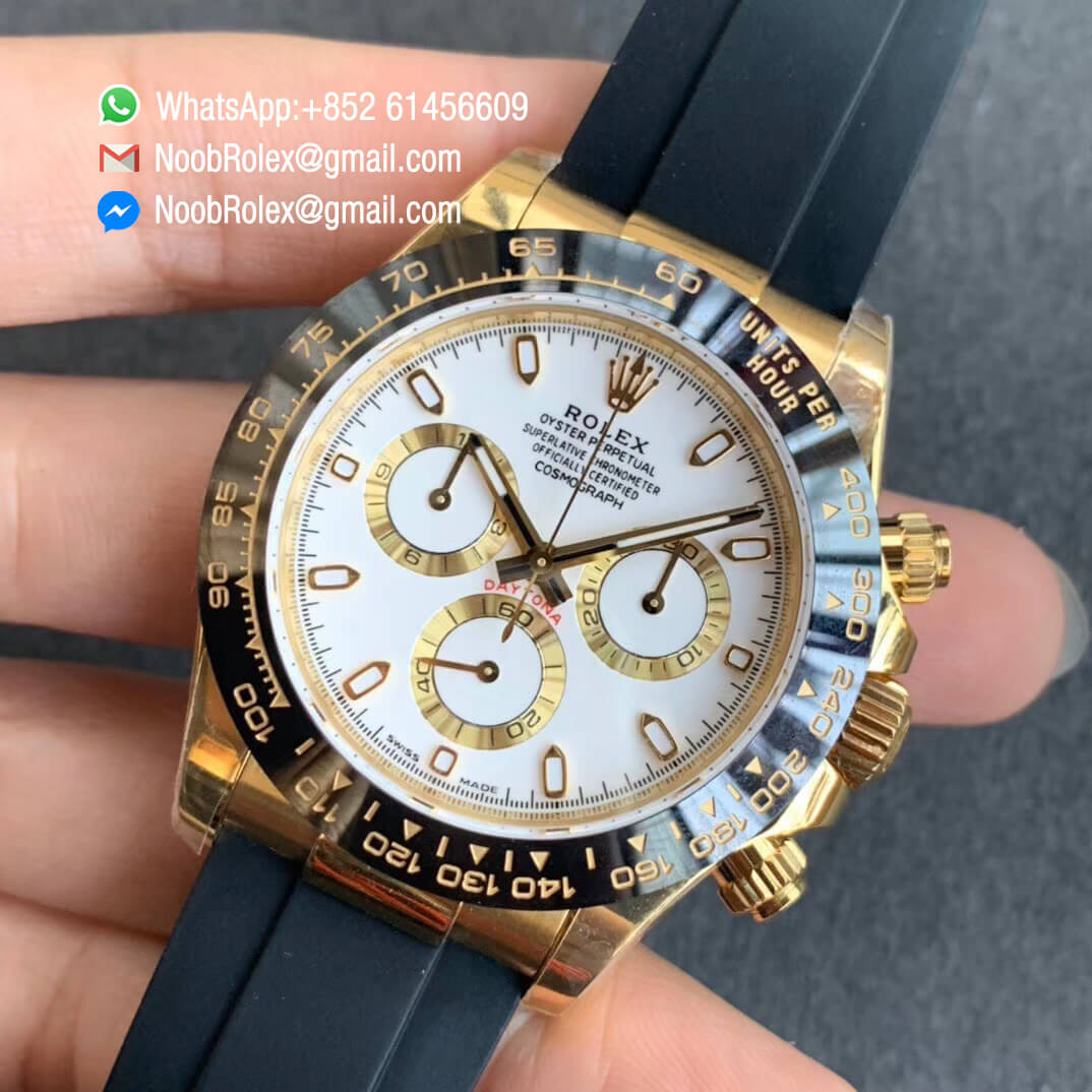 Noob Watch SA4130 V3 Daytona 116518 Yellow Gold Plated 904L Steel Case White Dial on Black Rubber Strap 03