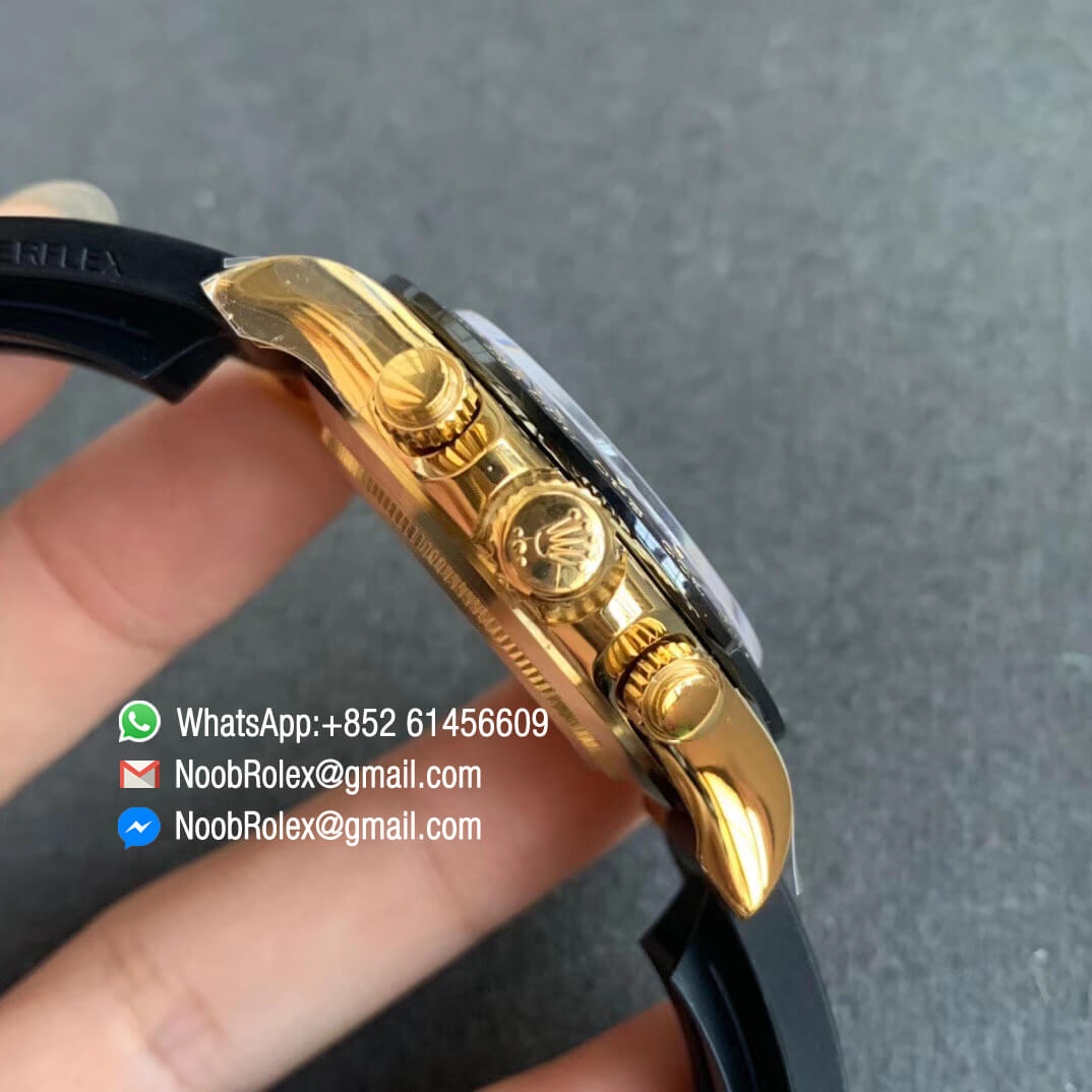 Noob Watch SA4130 V3 Daytona 116518 Yellow Gold Plated 904L Steel Case White Dial on Black Rubber Strap 04