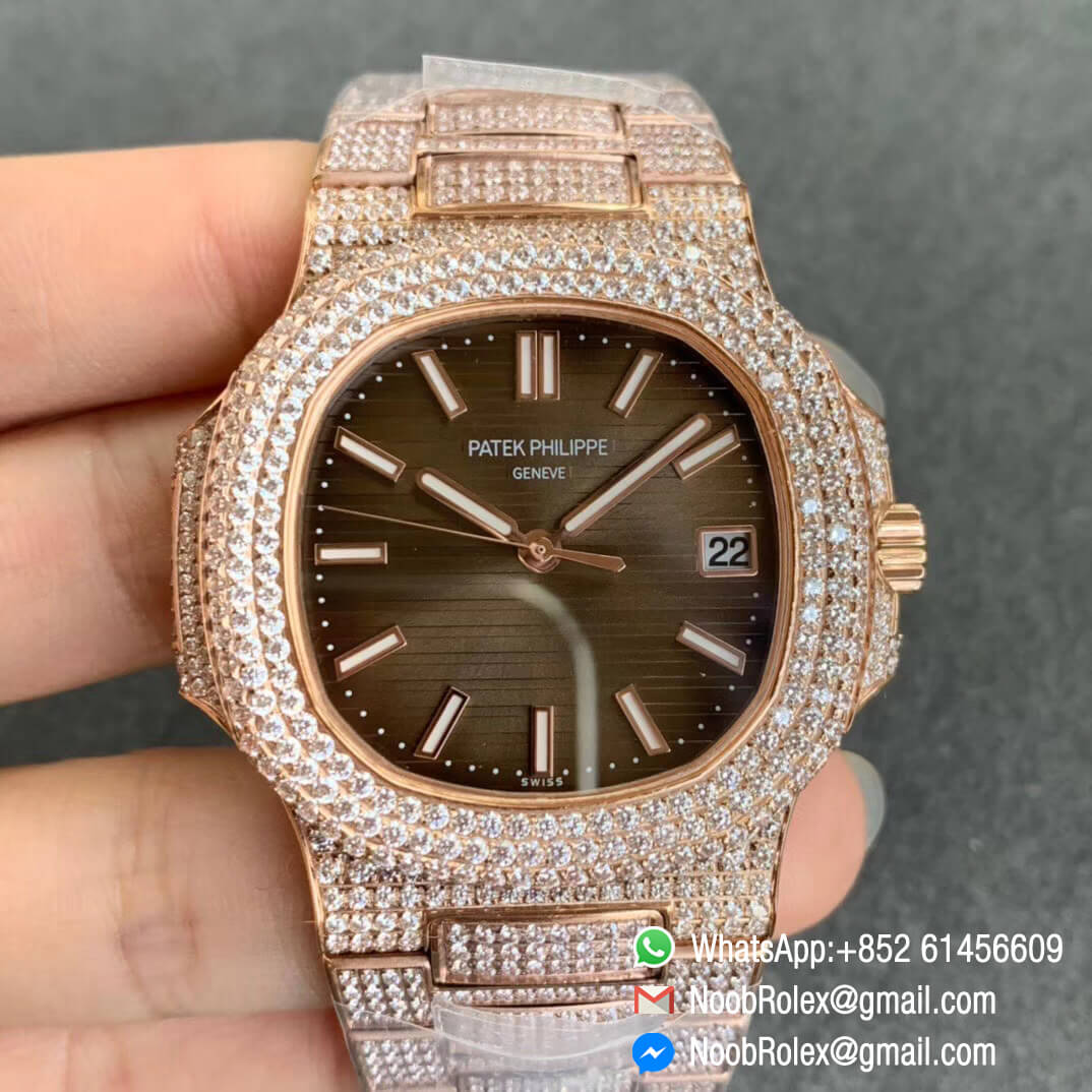 Patek Nautilus 5711 in Full Plated Diamonds on Rose Gold Case Bracelet with Brown Dial A324 01