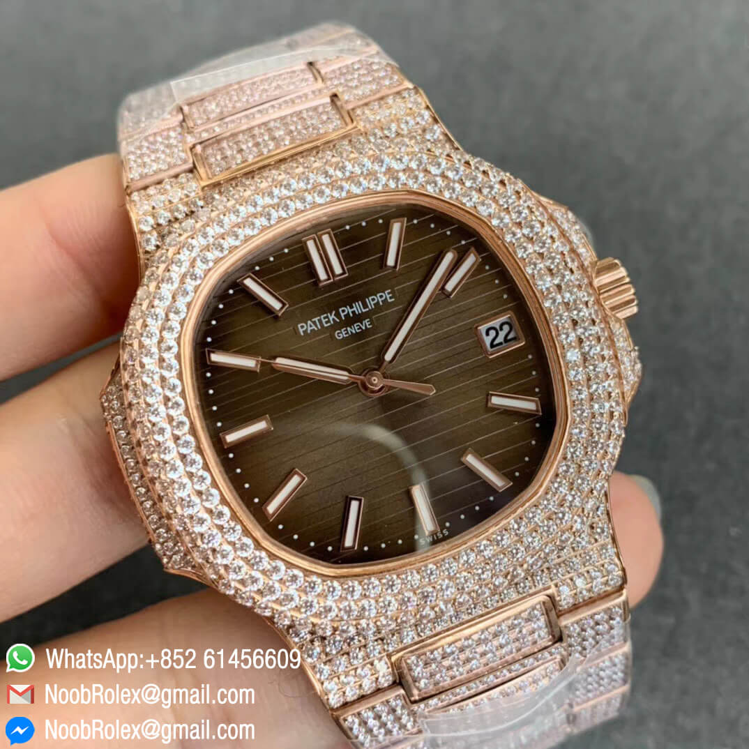 Patek Nautilus 5711 in Full Plated Diamonds on Rose Gold Case Bracelet with Brown Dial A324 02
