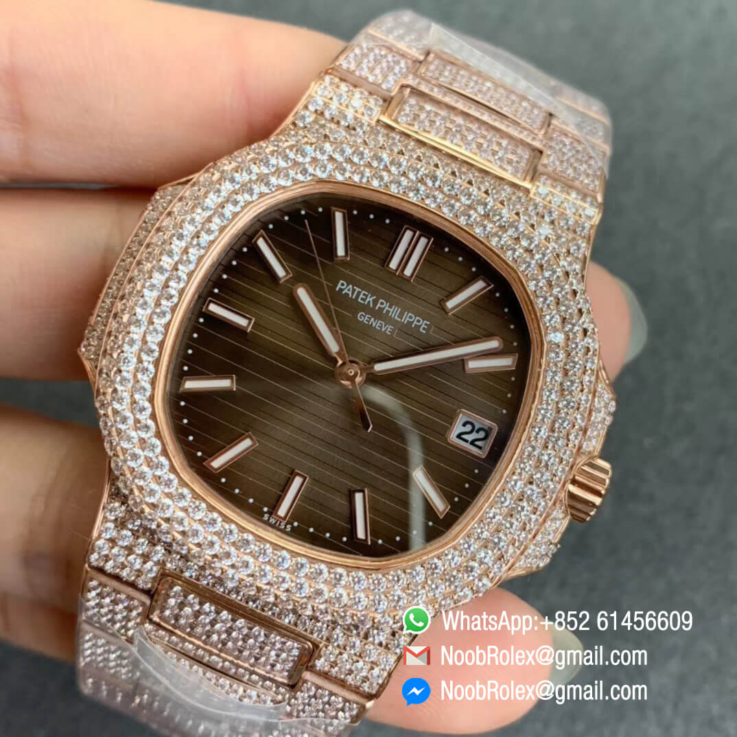 Patek Nautilus 5711 in Full Plated Diamonds on Rose Gold Case Bracelet with Brown Dial A324 03
