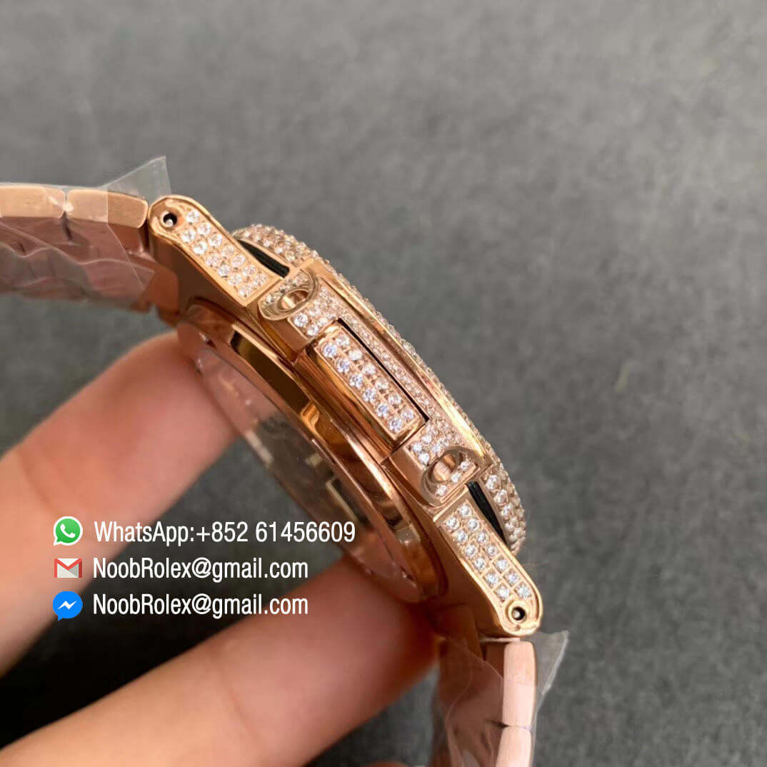 Patek Nautilus 5711 in Full Plated Diamonds on Rose Gold Case Bracelet with Brown Dial A324 05