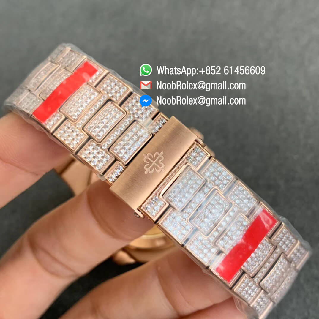 Patek Nautilus 5711 in Full Plated Diamonds on Rose Gold Case Bracelet with Brown Dial A324 06