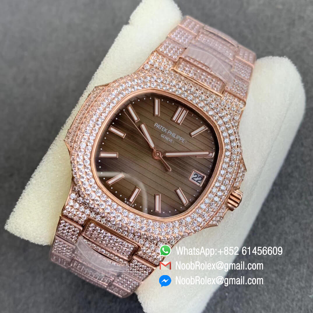Patek Nautilus 5711 in Full Plated Diamonds on Rose Gold Case Bracelet with Brown Dial A324 09