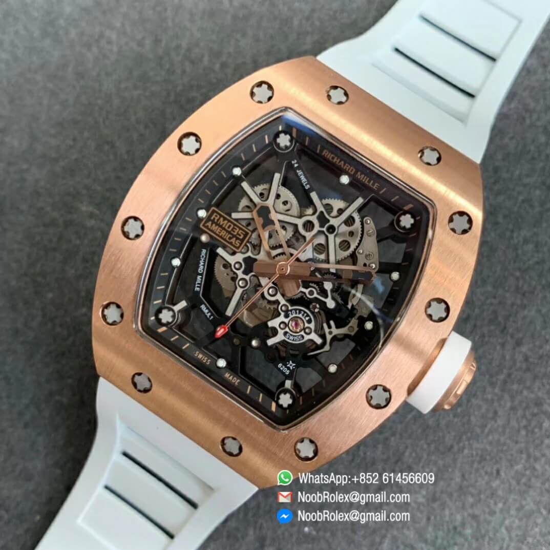 RM035 02 Rose Gold Case KVF Best Edition Skeleton Dial Black on White Rubber Strap MIYOTA8215