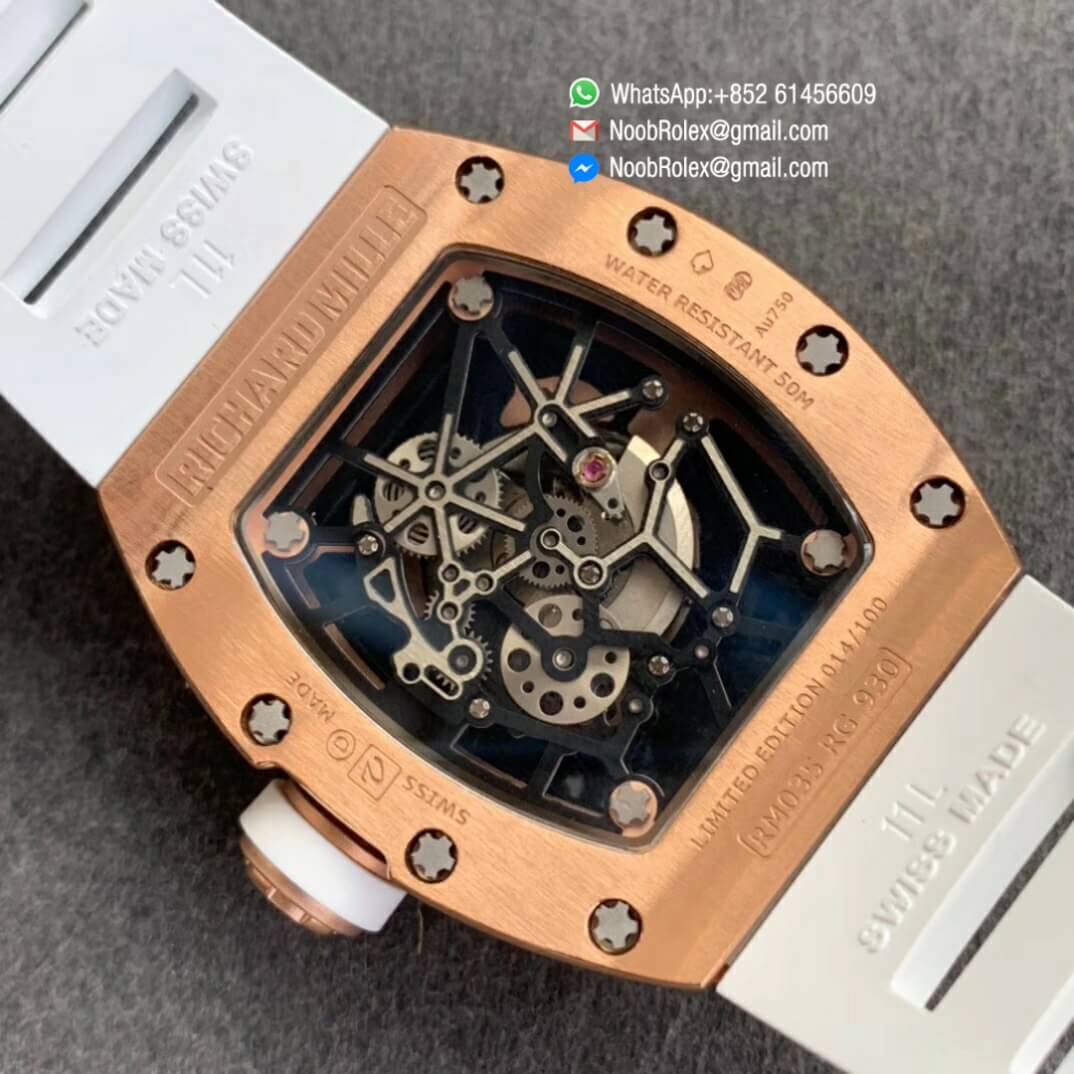 RM035 02 Rose Gold Case KVF Best Edition Skeleton Dial Black on White Rubber Strap MIYOTA8215 1