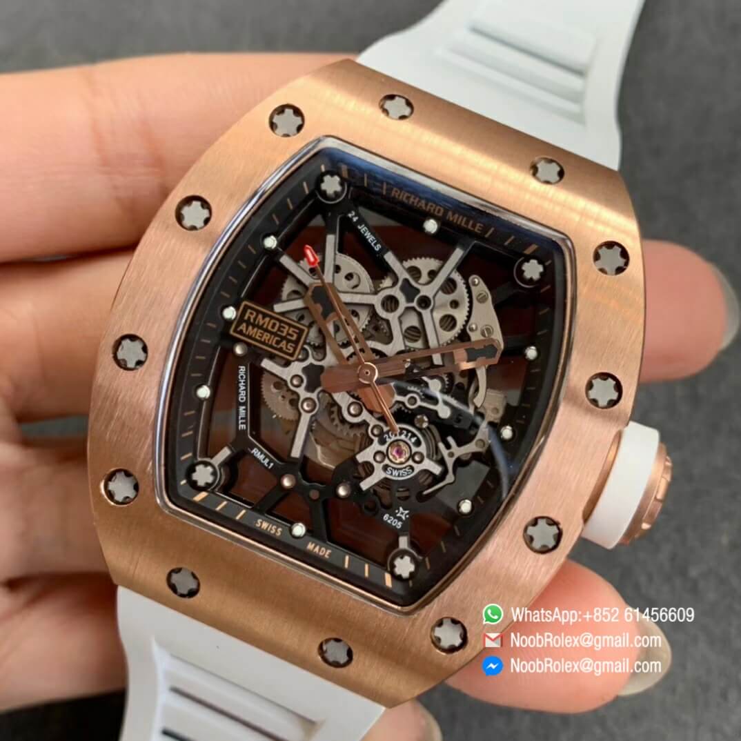 RM035 02 Rose Gold Case KVF Best Edition Skeleton Dial Black on White Rubber Strap MIYOTA8215 6