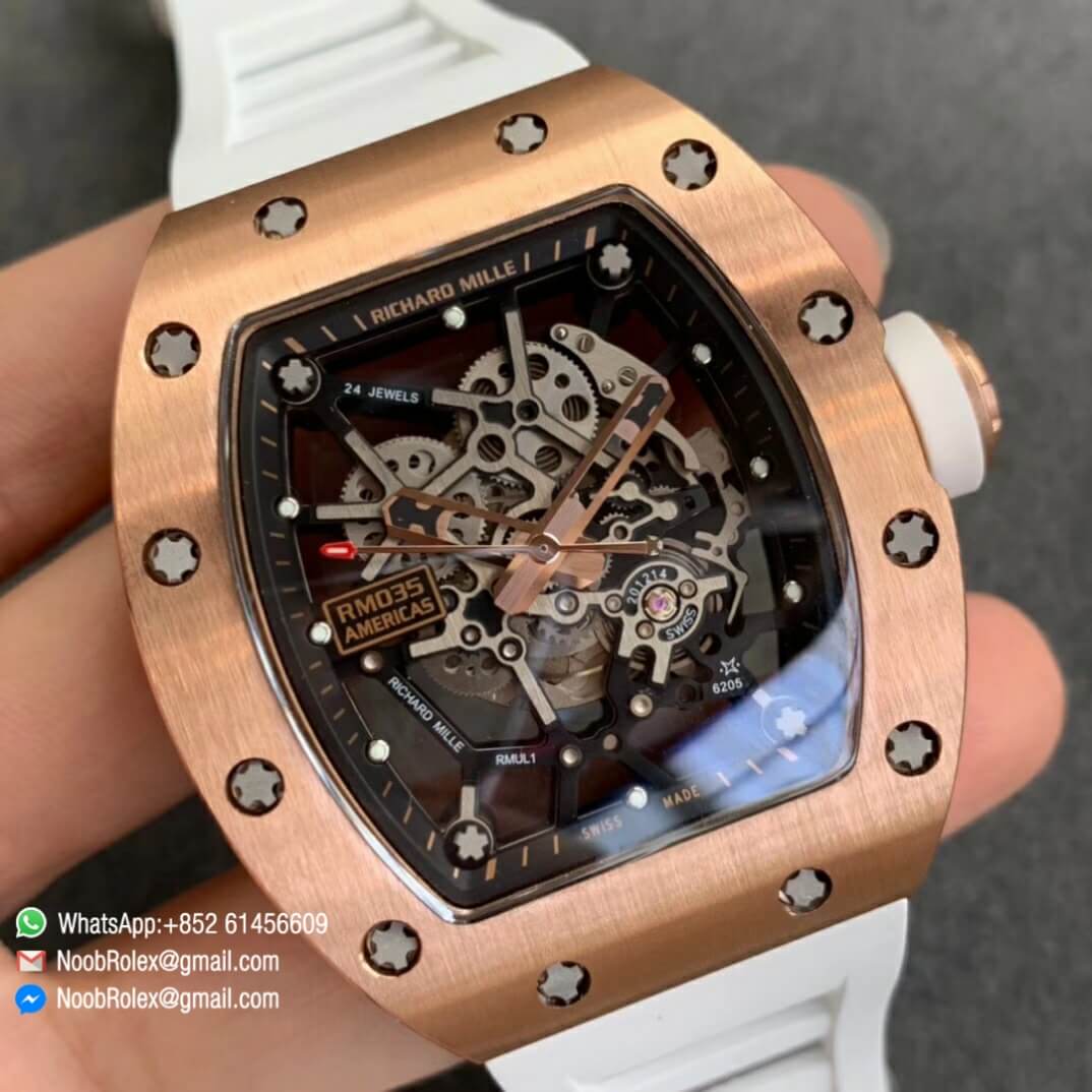 RM035 02 Rose Gold Case KVF Best Edition Skeleton Dial Black on White Rubber Strap MIYOTA8215 7 1