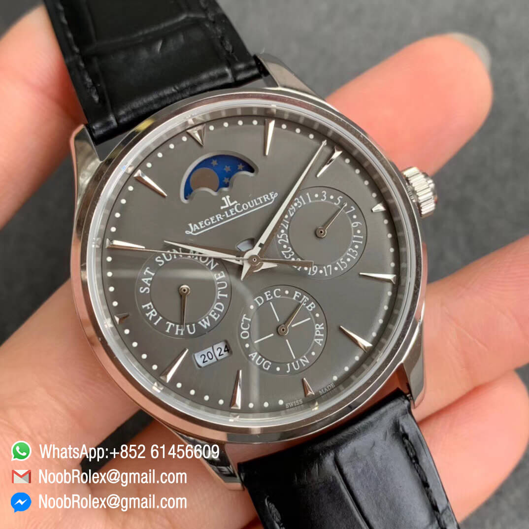 V9F Master Ultra Thin Perpetual Calendar Moonpase Watch 130354J Full Function Same as Gen Steel Case with Grey Dial on Black Leather Strap A868 02