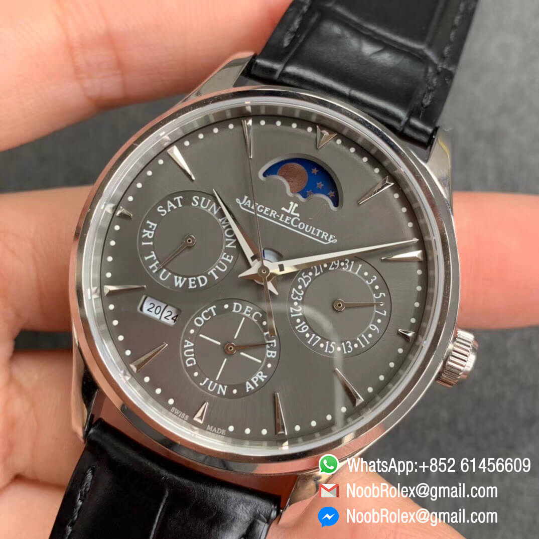 V9F Master Ultra Thin Perpetual Calendar Moonpase Watch 130354J Full Function Same as Gen Steel Case with Grey Dial on Black Leather Strap A868 03