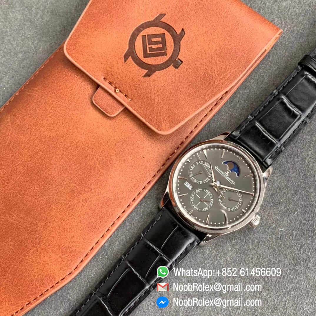 V9F Master Ultra Thin Perpetual Calendar Moonpase Watch 130354J Full Function Same as Gen Steel Case with Grey Dial on Black Leather Strap A868 09