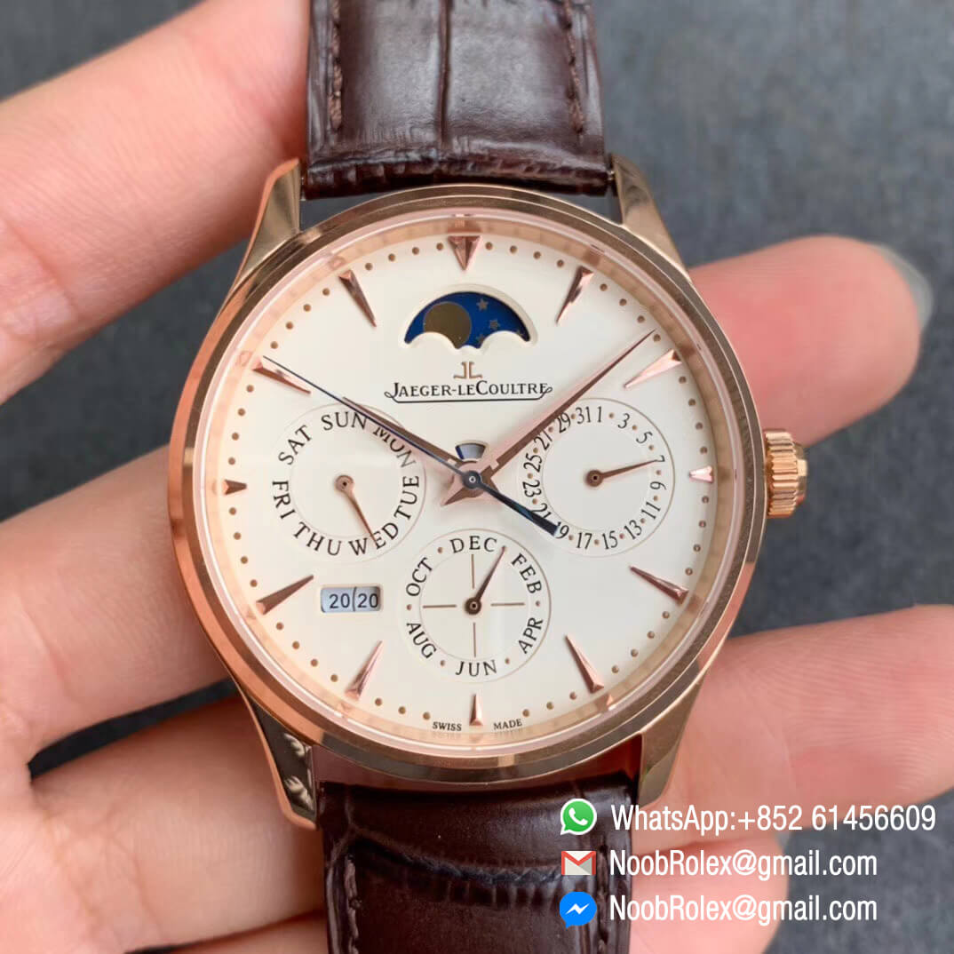 V9F Top Replica Master Ultra Thin Perpetual Calendar 1308470 Full Function Same as Gen Plated Role Gold Case White Dial on Black Leather Strap A868 01