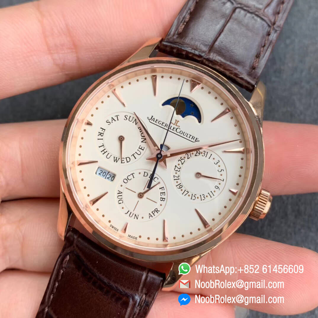 V9F Top Replica Master Ultra Thin Perpetual Calendar 1308470 Full Function Same as Gen Plated Role Gold Case White Dial on Black Leather Strap A868 03