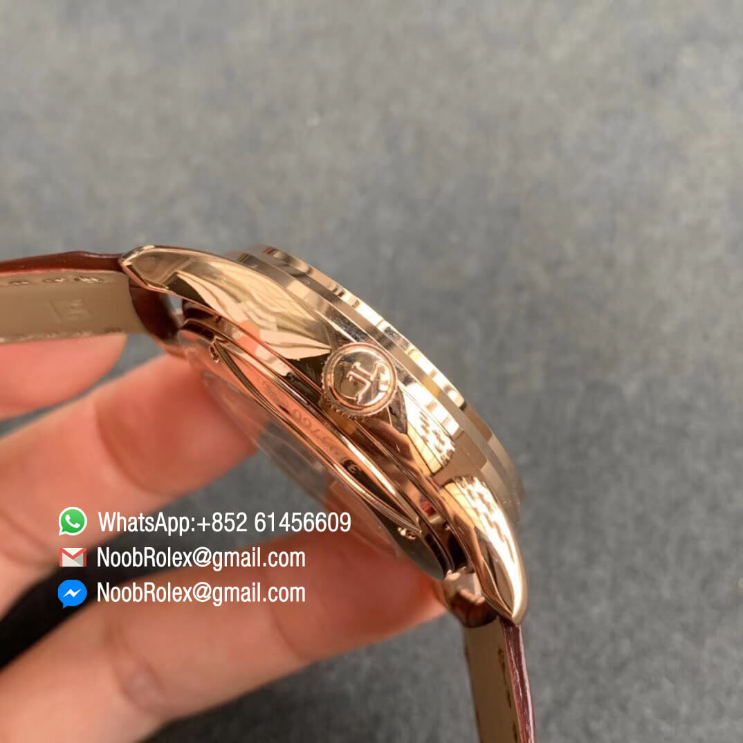 V9F Top Replica Master Ultra Thin Perpetual Calendar 1308470 Full Function Same as Gen Plated Role Gold Case White Dial on Black Leather Strap A868 04