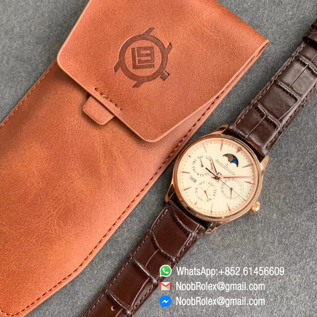 V9F Top Replica Master Ultra Thin Perpetual Calendar 1308470 Full Function Same as Gen Plated Role Gold Case White Dial on Black Leather Strap A868 09