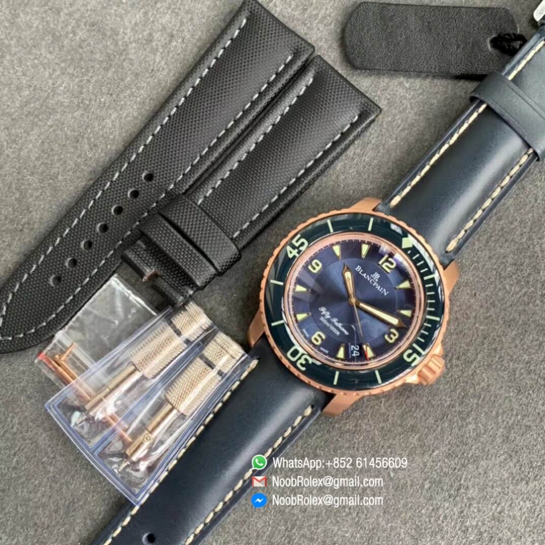ZF Best Fake Fifty Fathoms Rose Gold Case Bright Blue Dial on Blue Leather Strap A1315 1