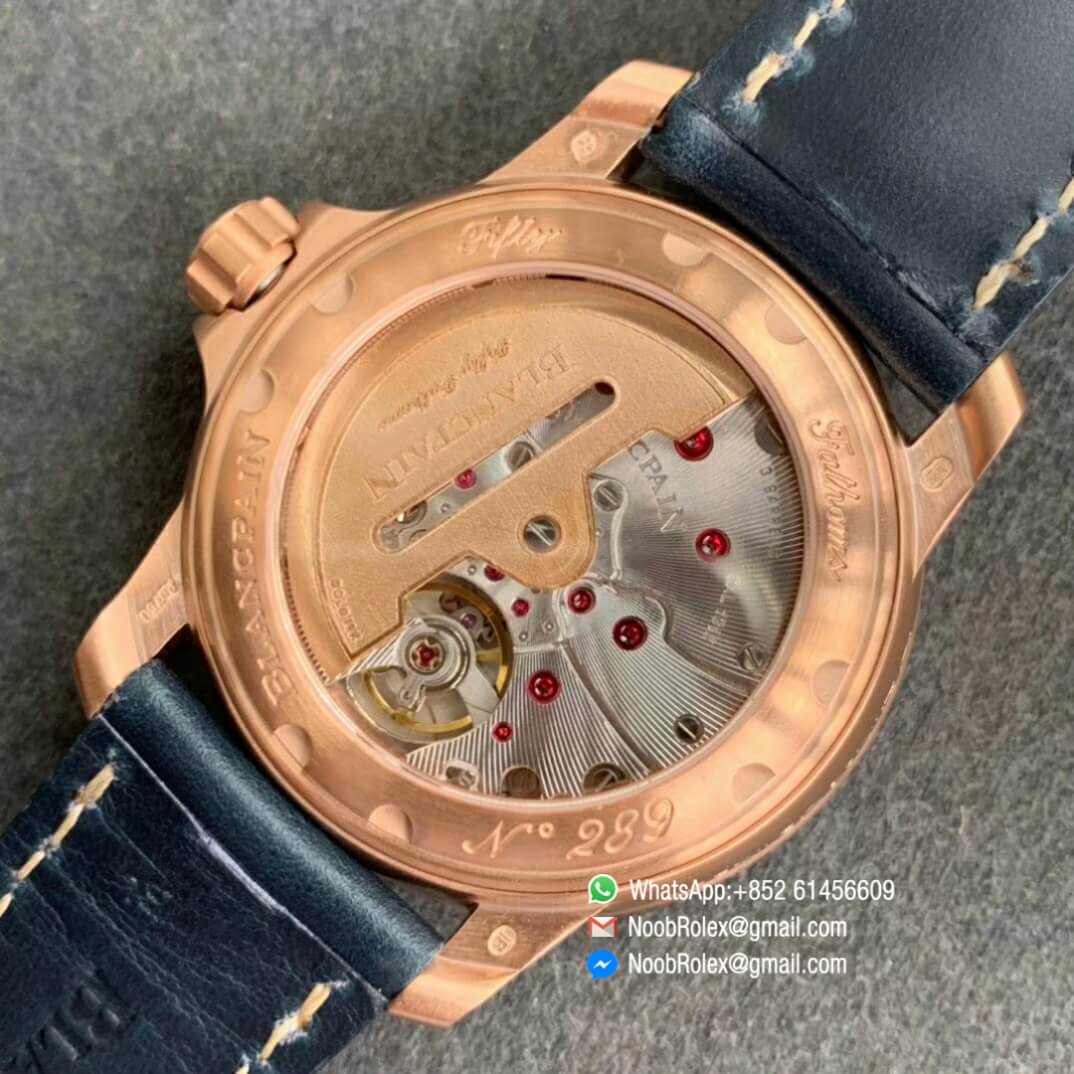 ZF Best Fake Fifty Fathoms Rose Gold Case Bright Blue Dial on Blue Leather Strap A1315 2