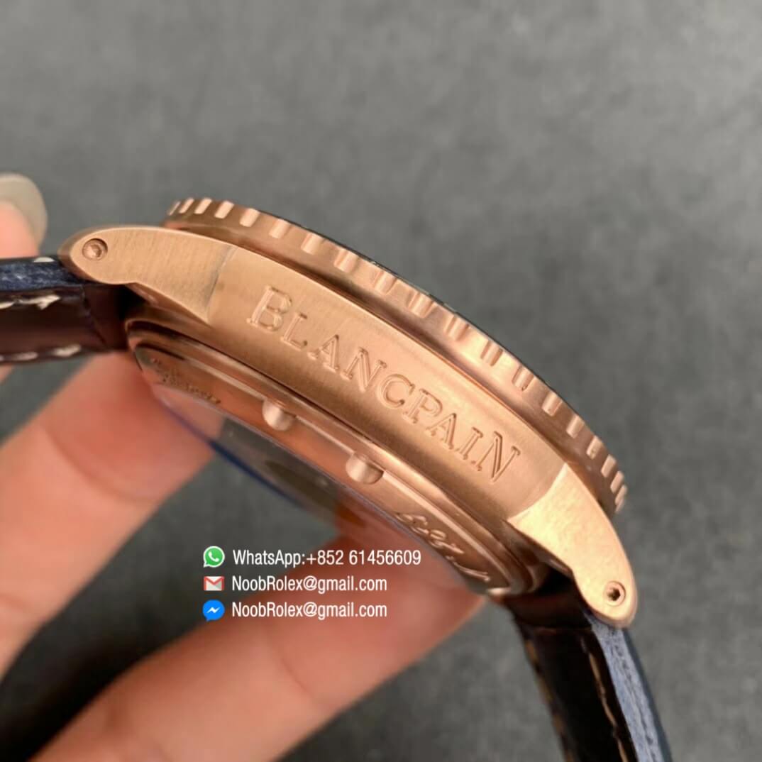 ZF Best Fake Fifty Fathoms Rose Gold Case Bright Blue Dial on Blue Leather Strap A1315 5