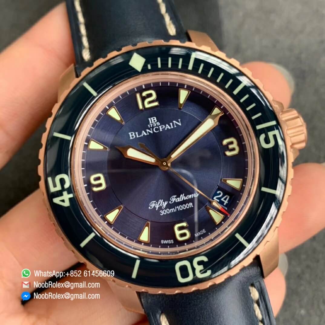 ZF Best Fake Fifty Fathoms Rose Gold Case Bright Blue Dial on Blue Leather Strap A1315 8