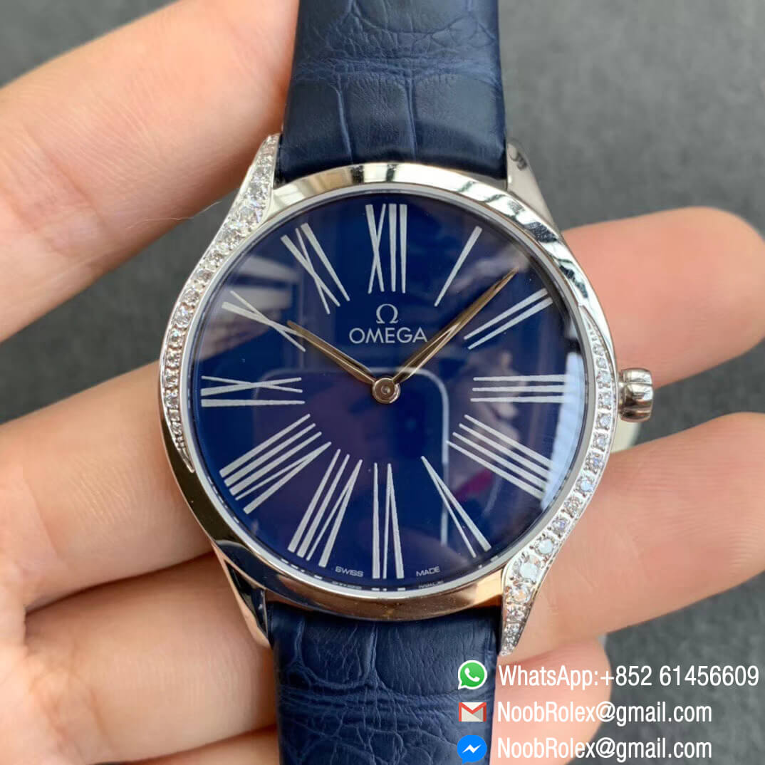 Best Clone Omega De Vile Tresor Ladies Watch 36mm Steel Case with Diamonds Blue Dial Swiss Quartz Movement Blue Croco Strap 01
